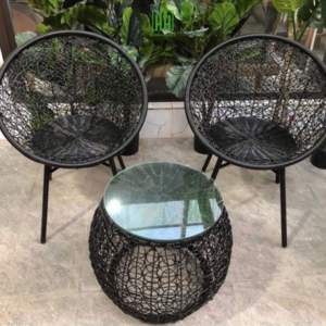 Bộ bàn ghế ban công PuTin giả mây lõi thép decor phòng khách sân vườn