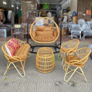 Combo bàn ghế Xích đu mây nhựa kèm nệm dùng ban công sân vườn